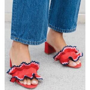 Brenda Zaro Red Suede Pink Navy Ruffle Block Heel Sandal Womens 40 / US 9.5